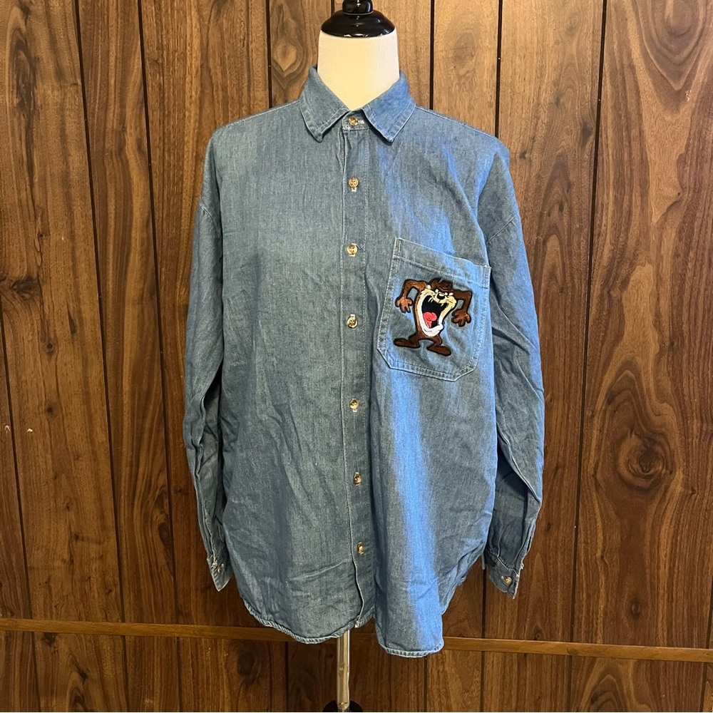 Vintage 1992 Top Line USA Warner Bros Looney Tunes Embroidered Denim Shirt Sz L